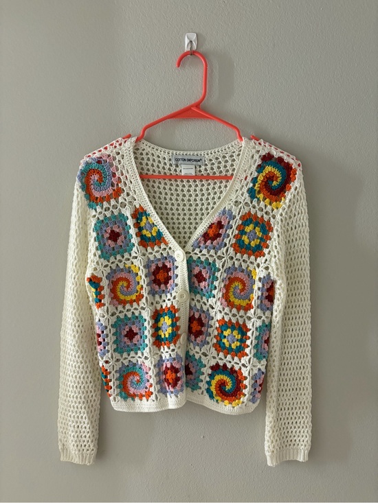 Cotton Emporium Sweaters - Cotton Emporium Cream Crochet V-Neck Cardigan with Bright Multicolor Motifs